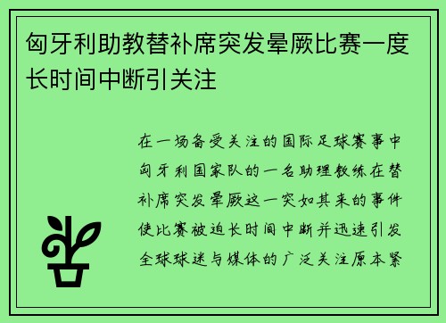 匈牙利助教替补席突发晕厥比赛一度长时间中断引关注