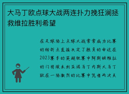 大马丁欧点球大战两连扑力挽狂澜拯救维拉胜利希望 大马丁欧点球大战两连扑力挽狂澜拯救维拉胜利希望